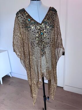 STUNNING Beaded Leopard Print Sheer Kaftan - Tan & Teal Embellishment